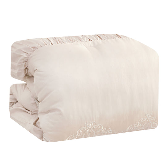 7 Piece Beige Color Embroidered Bed in Bag Poom Poom Comforter Set Q/K Size