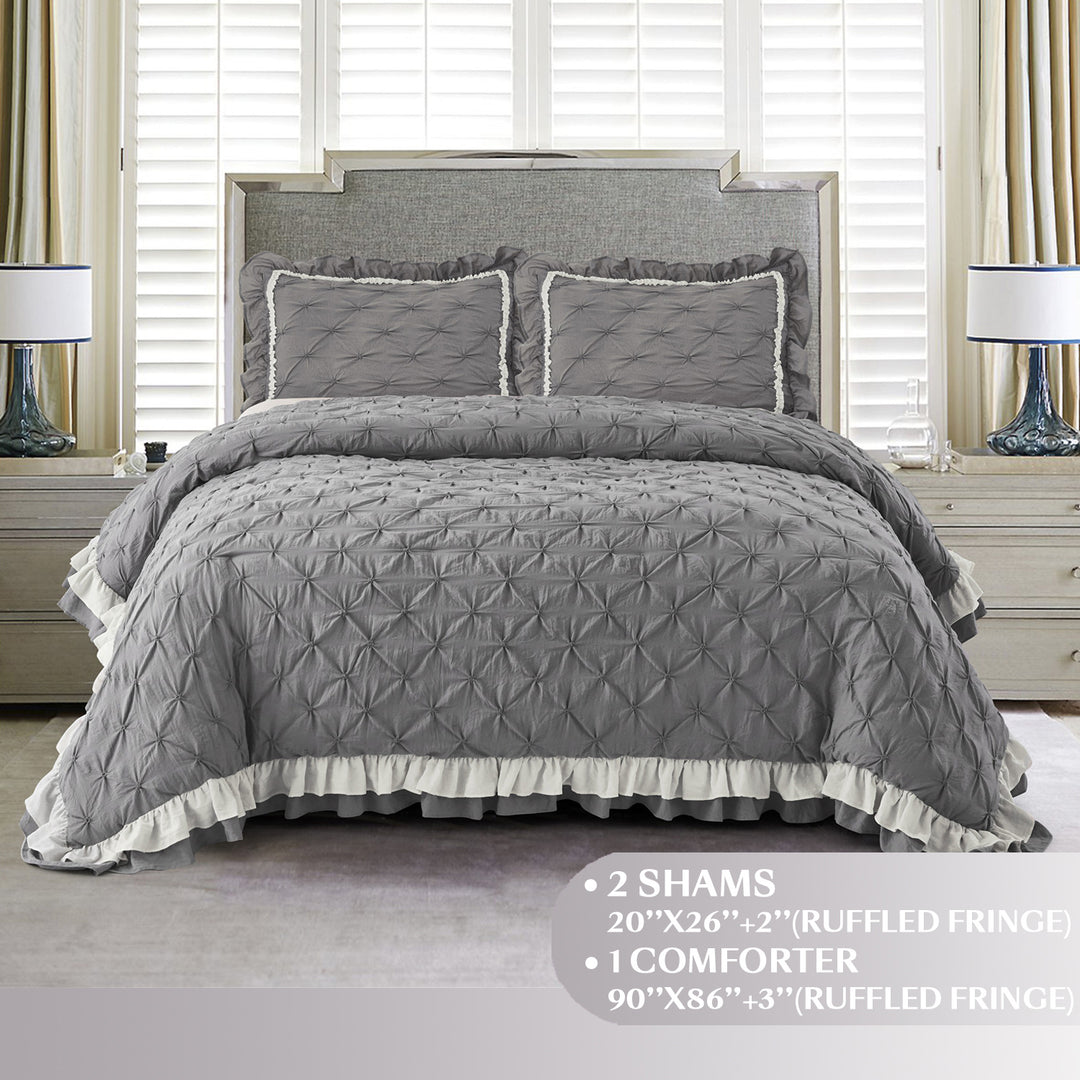 3 Piece Pinch Pleated Comforter Set Queen - Gray and White Chic Embroidery Farmhouse Style Bedding Set
