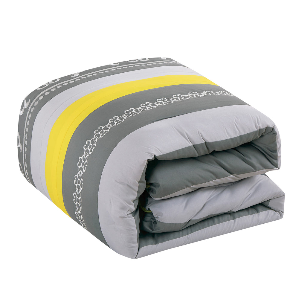 7 Piece Luxury Leaves Scroll Embroidery Bedding Comforter Set Gray and Yellow Bed in a Bag
