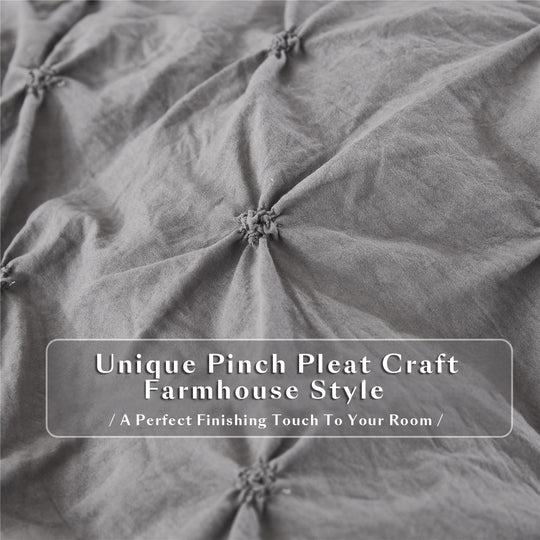 3 Piece Pinch Pleated Comforter Set Queen - Gray and White Chic Embroidery Farmhouse Style Bedding Set