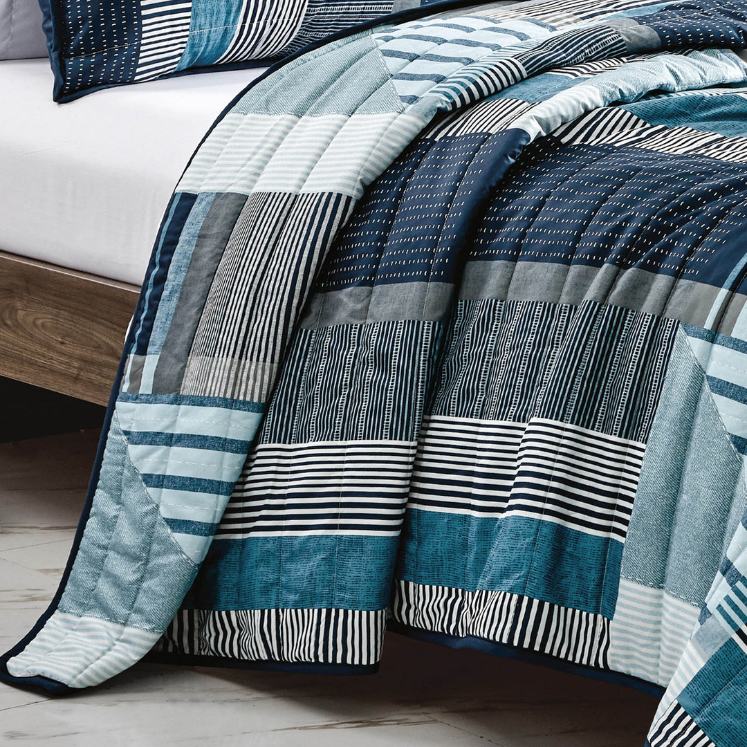 HIG 3 Piece Stripe Splicing Print Bedspread Set King & Queen Size for Bedroom