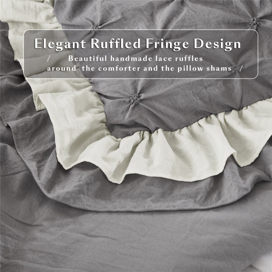3 Piece Pinch Pleated Comforter Set Queen - Gray and White Chic Embroidery Farmhouse Style Bedding Set