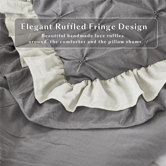 3 Piece Pinch Pleated Comforter Set Queen - Gray and White Chic Embroidery Farmhouse Style Bedding Set