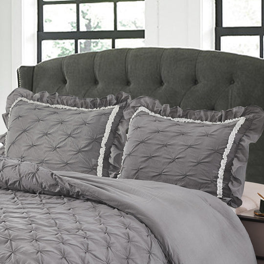 3 Piece Pinch Pleated Comforter Set Queen - Gray and White Chic Embroidery Farmhouse Style Bedding Set
