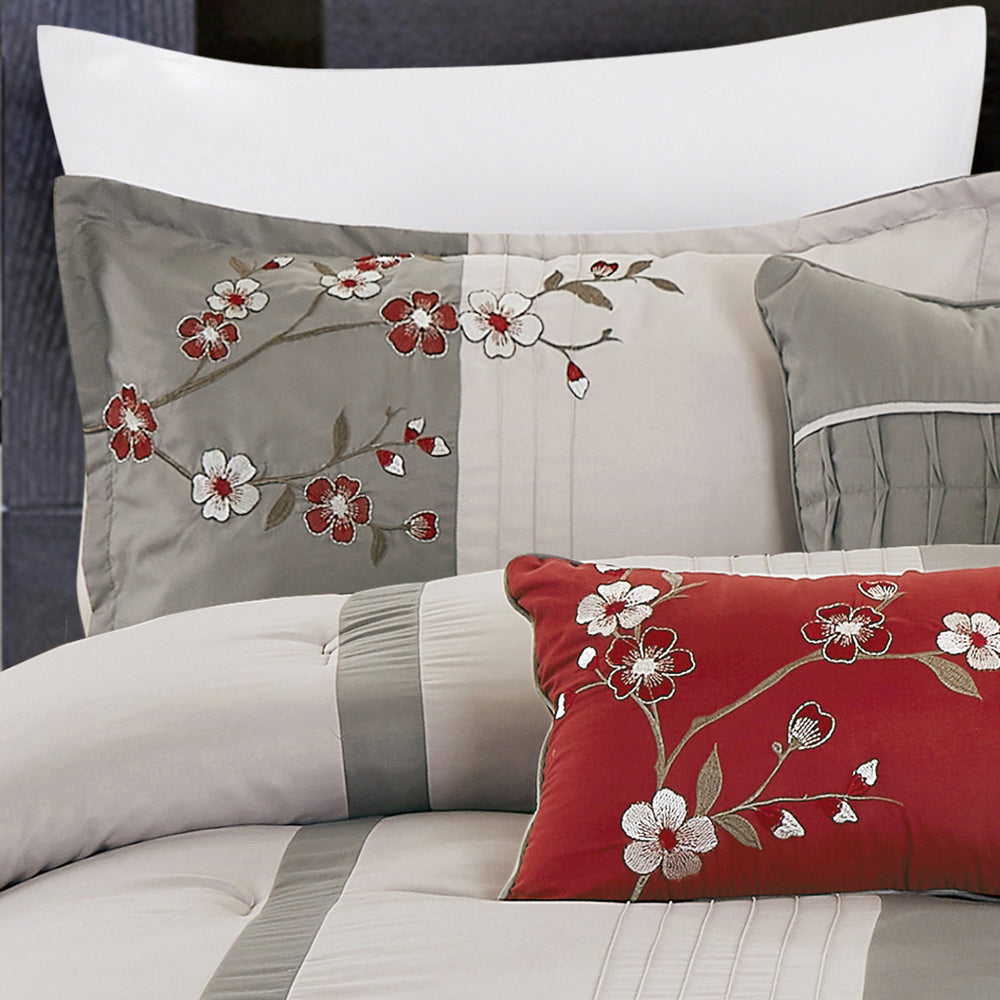 7 Piece Luxurious Plum Blossom Embroidered Comforters Bed in a Bag Queen King Bedding Set