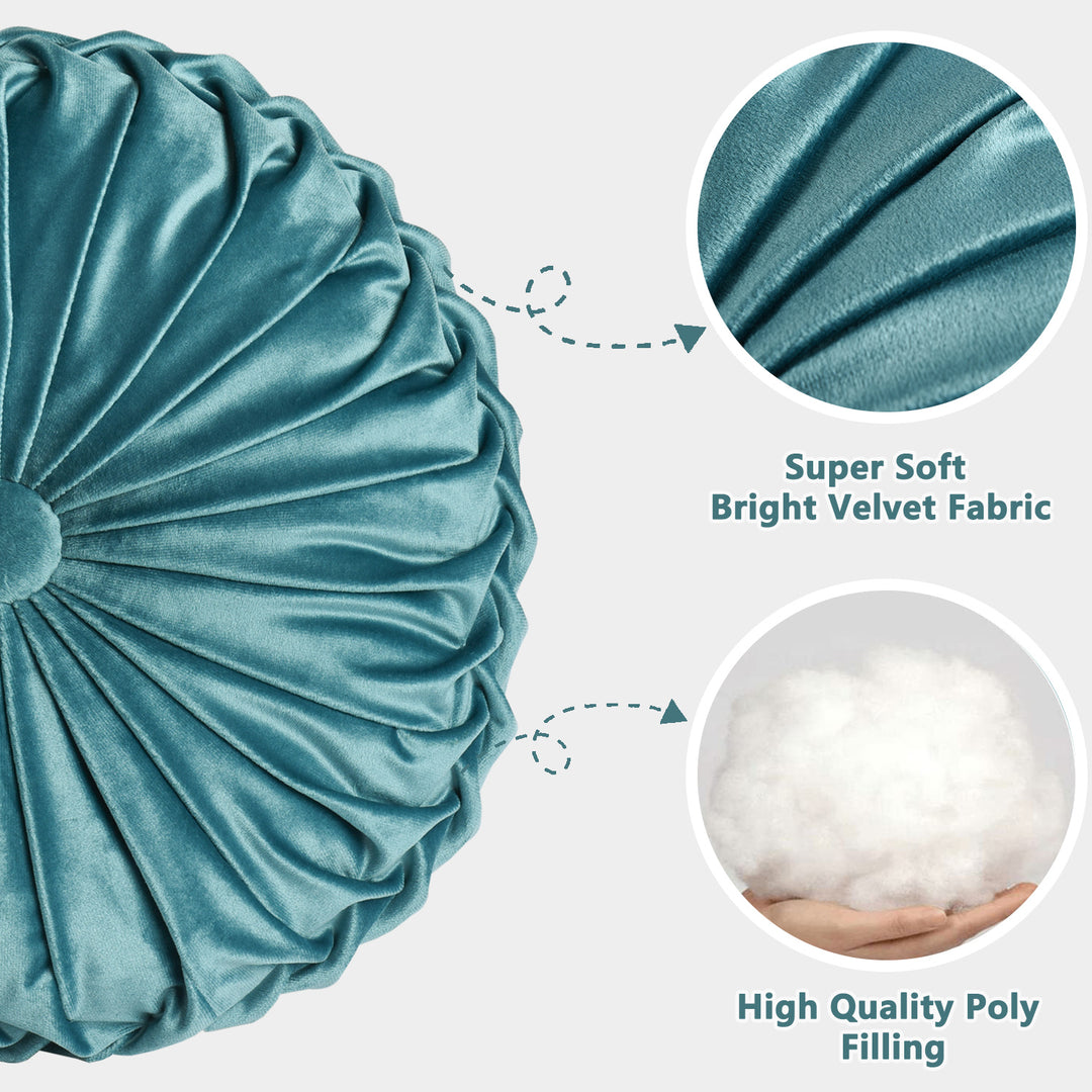 Set of 2 Decorative Velvet Round Pleated Throw Pillows,14.5" Diameter