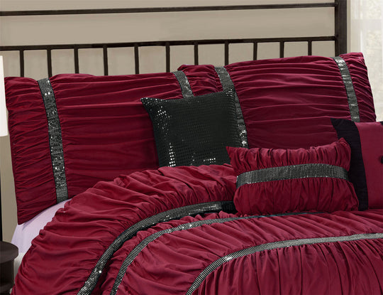 7 Piece Microfiber Ruffles Sequins Embroidery Bed In A Bag Comforter Set-Claraita