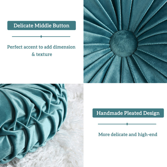 Set of 2 Decorative Velvet Round Pleated Throw Pillows,14.5" Diameter