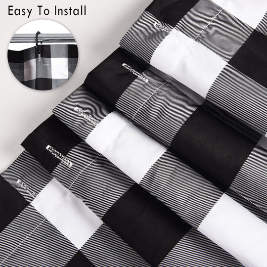 Chic Ruffled Shower Curtain with Black and White Buffalo Plaid, Boho Microfiber Bathtub Curtain with Natural Coconut Buttons, 72 x 72"