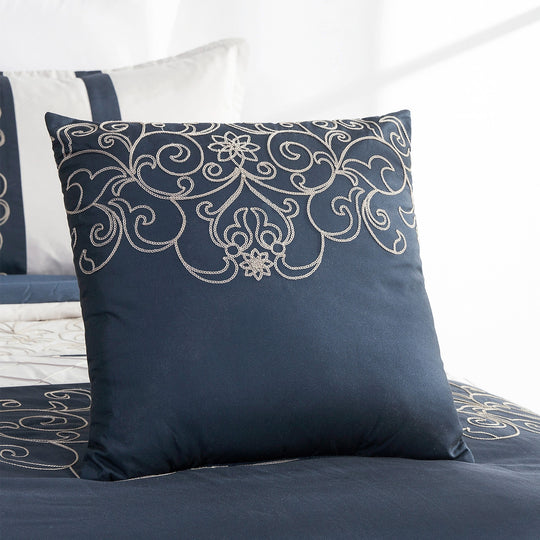 7 Piece Luxurious Floral Embroidered Black Comforters Bed in a Bag Queen King Bedding Set
