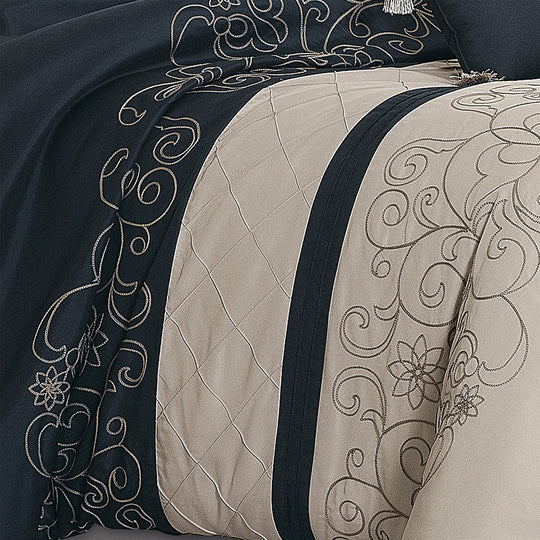 7 Piece Luxurious Floral Embroidered Black Comforters Bed in a Bag Queen King Bedding Set