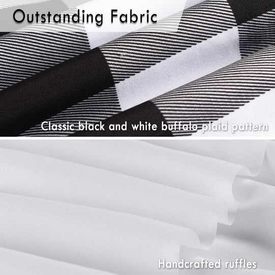 Chic Ruffled Shower Curtain with Black and White Buffalo Plaid, Boho Microfiber Bathtub Curtain with Natural Coconut Buttons, 72 x 72"