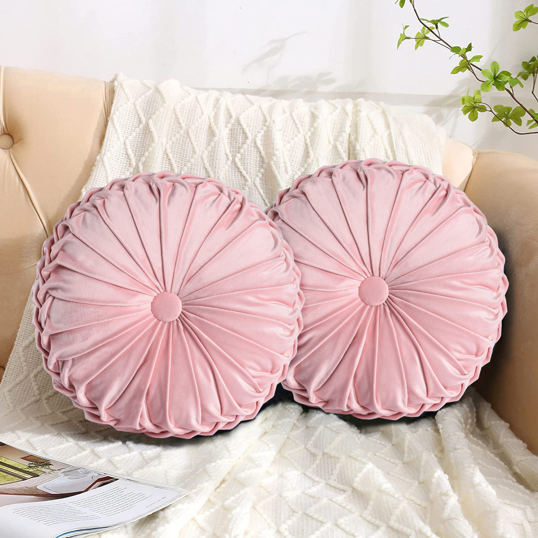 Set of 2 Decorative Velvet Round Pleated Throw Pillows,14.5" Diameter