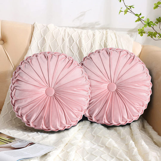 Set of 2 Decorative Velvet Round Pleated Throw Pillows,14.5" Diameter