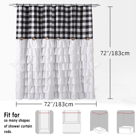 Chic Ruffled Shower Curtain with Black and White Buffalo Plaid, Boho Microfiber Bathtub Curtain with Natural Coconut Buttons, 72 x 72"