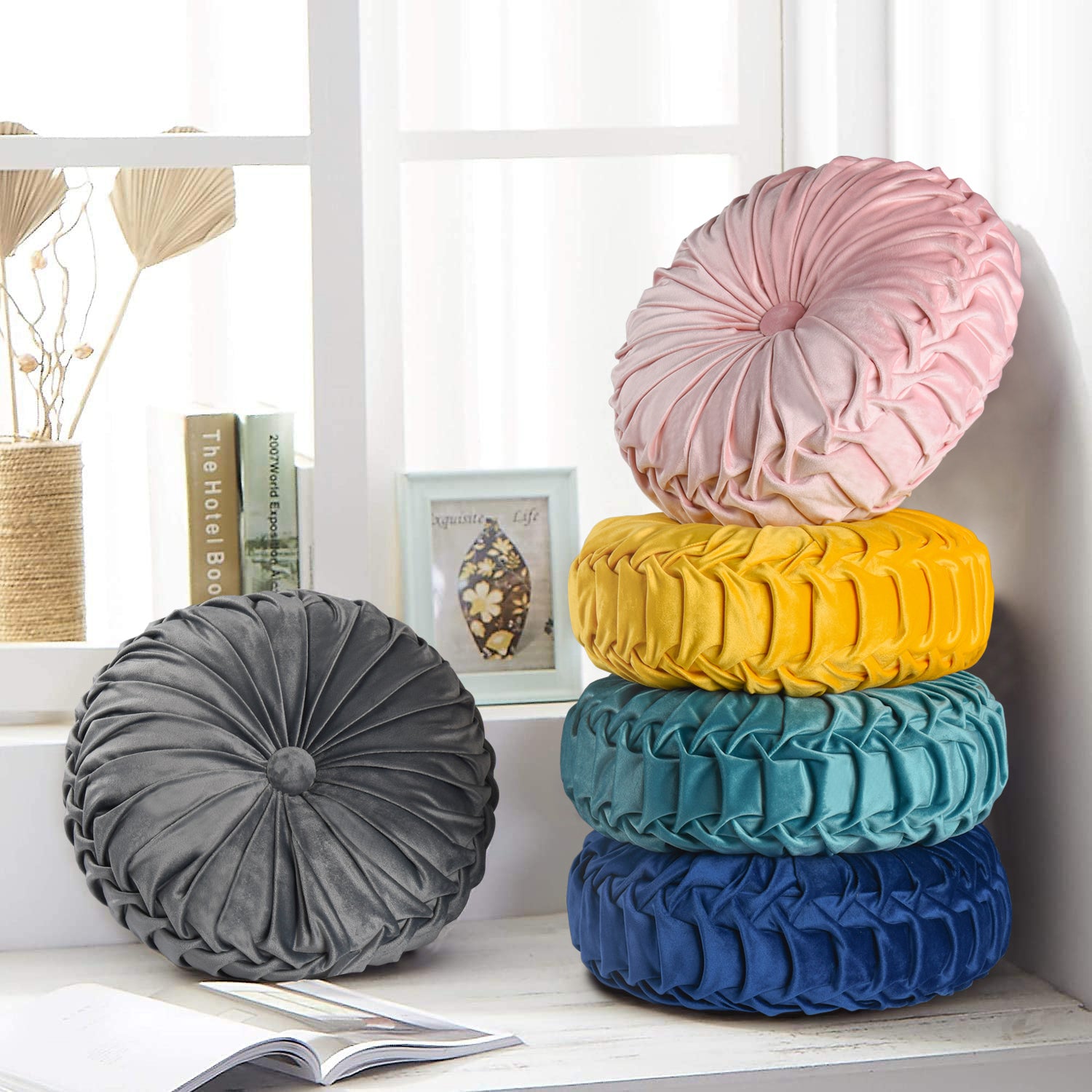 Set of Decorative Velvet Round Pleated Throw - Main Image