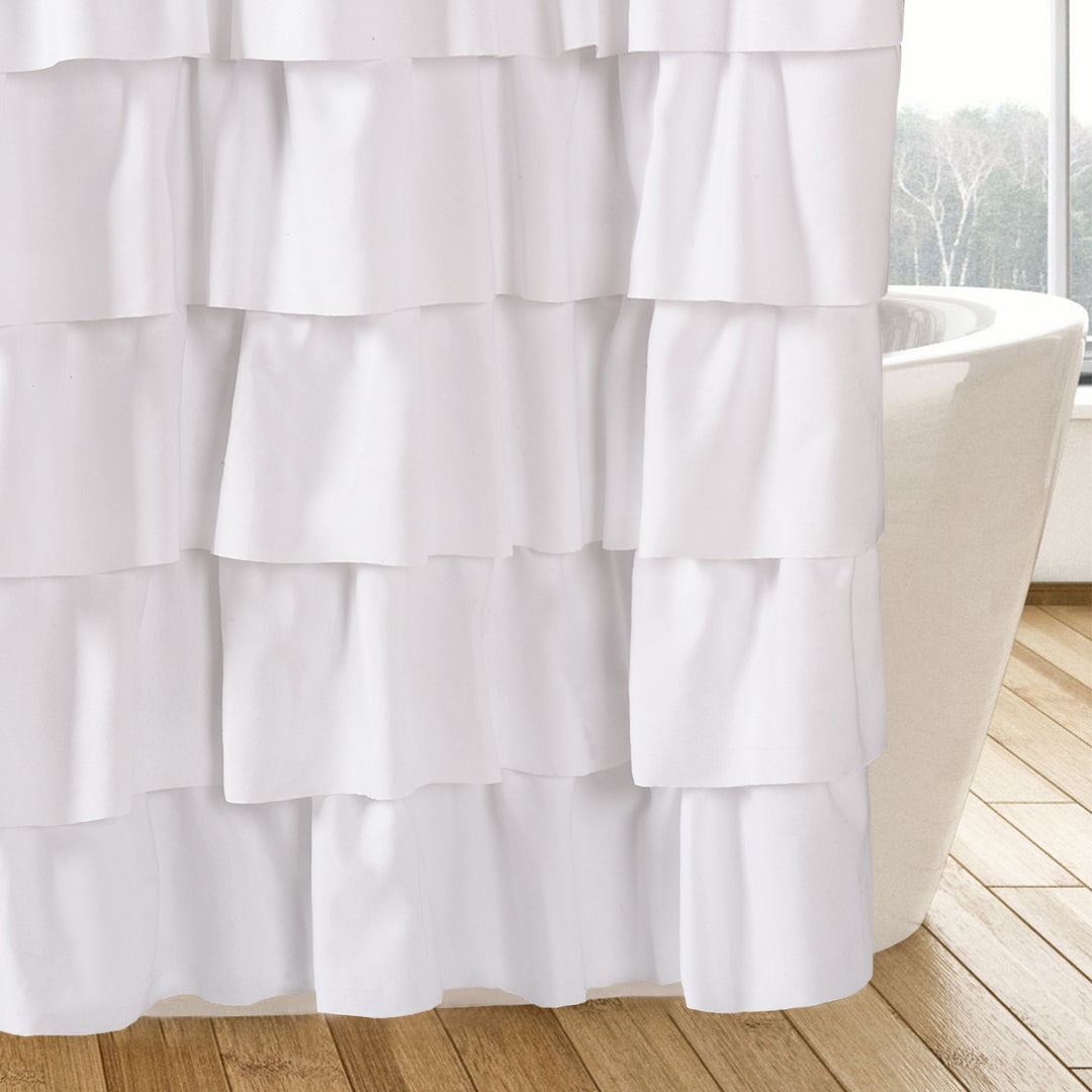 Chic Ruffled Shower Curtain with Black and White Buffalo Plaid, Boho Microfiber Bathtub Curtain with Natural Coconut Buttons, 72 x 72"