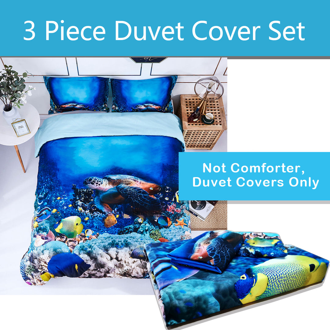 3D Sea Turtle Print Duvet Cover Set with Zipper Closure - Machine Washable