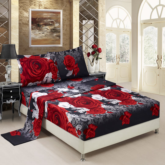HIG 3D Print Sheet Set - 4 Piece Red And White Rose Printed Sheet Set Queen King Size