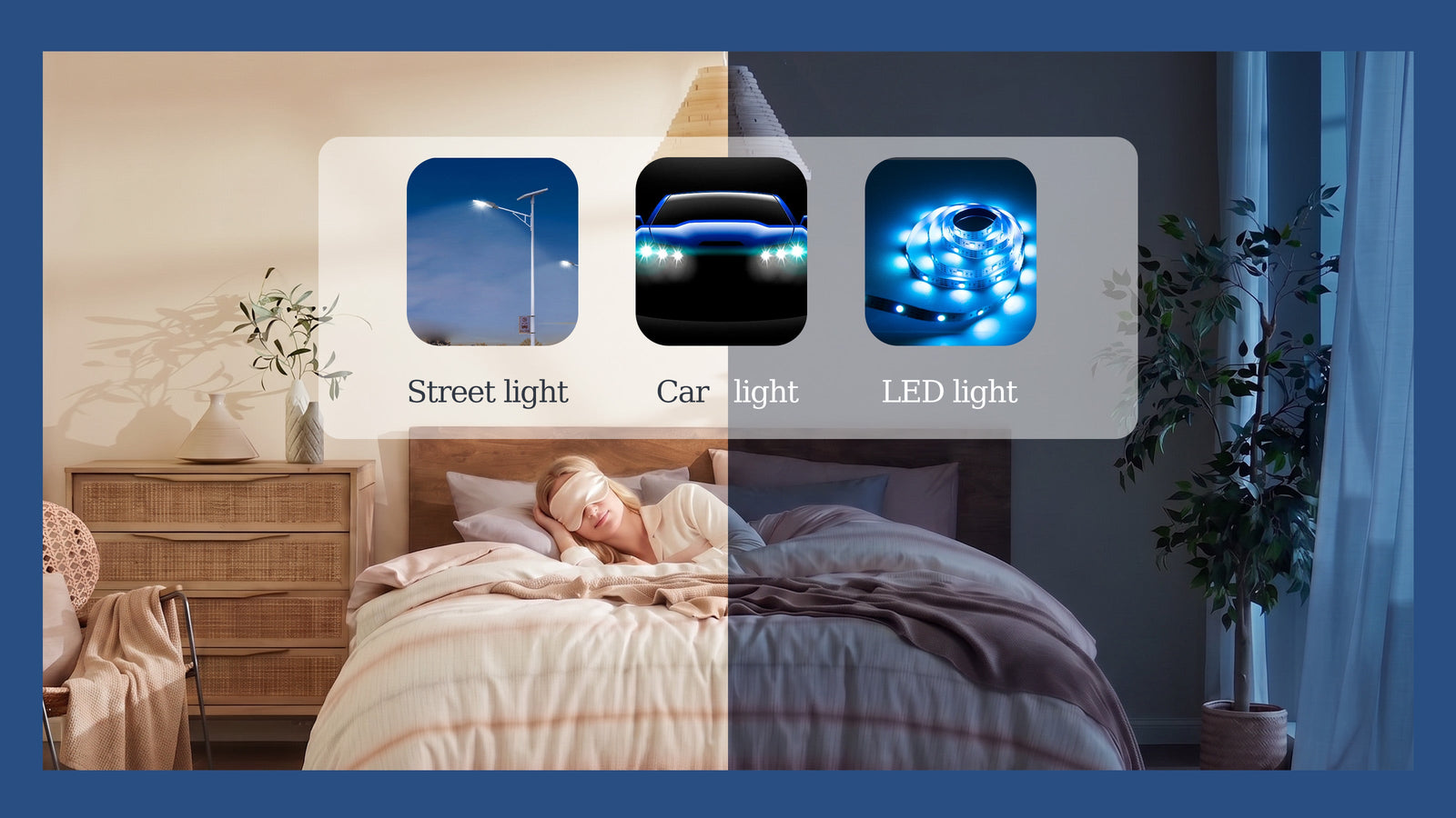Sleeping woman wearing eye mask with street, car, and LED light sources contrasting dark vs bright bedroom.