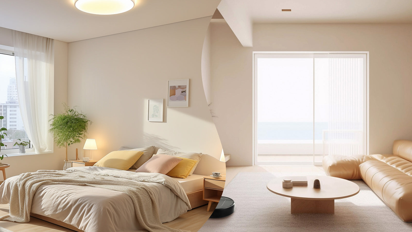 Minimalist beige bedroom interior with cozy bedding compared to a bright modern living room with floor-to-ceiling windows.