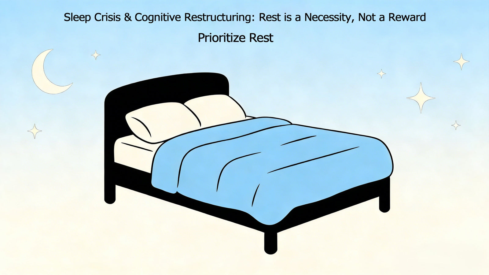 Blue bed with moon and stars background titled Sleep Crisis and Cognitive Restructuring.