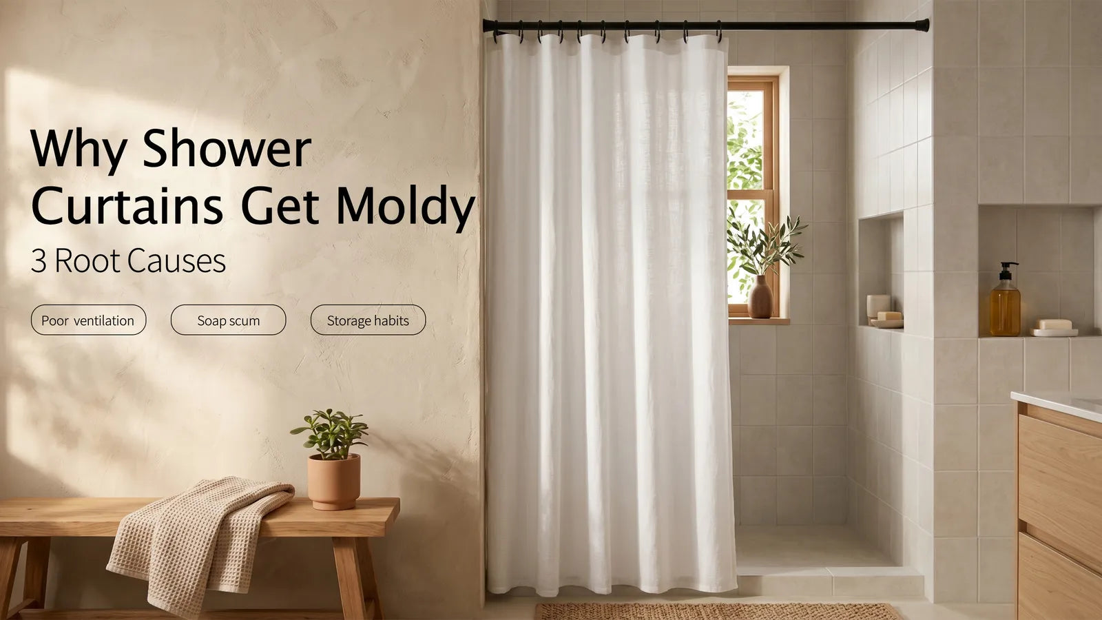 White fabric shower curtain in bright bathroom with care tips to prevent mold and mildew