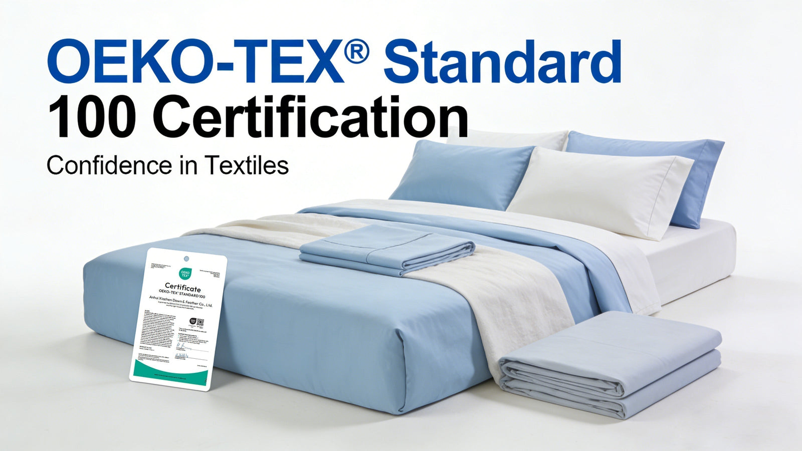 Blue Higbedding sheets shown with an OEKO-TEX Standard 100 certificate, ensuring confidence in every fiber