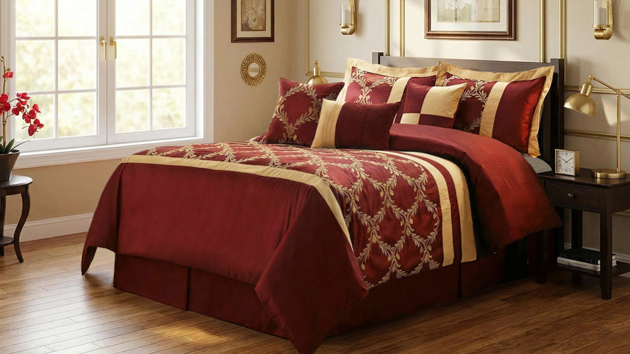 Vintage floral bedding in red and gold tones styled for a romantic bedroom look without feeling outdated