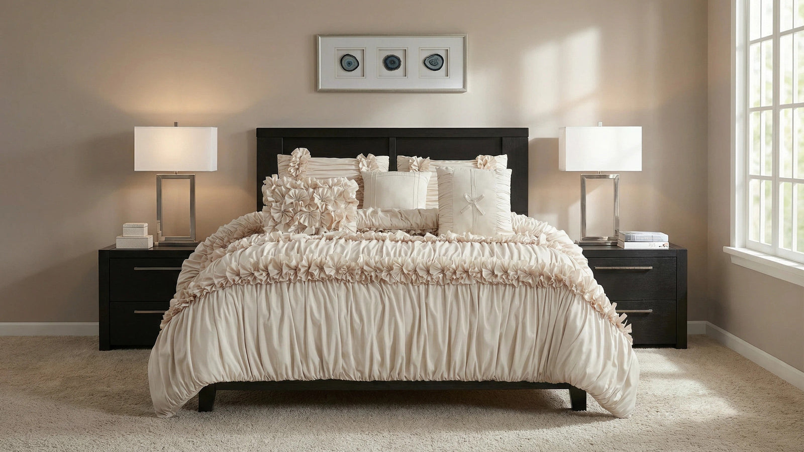 Higbedding ruffled cream comforter set on a dark wood bed frame with matching lamps and neutral decor
