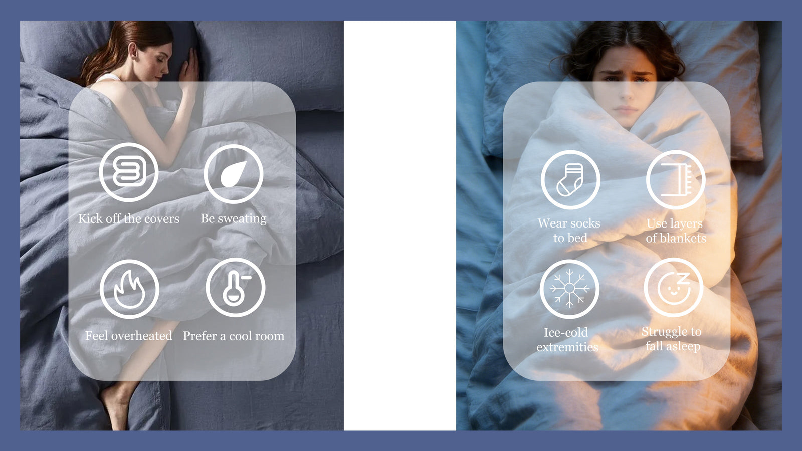 Side-by-side sleeping photos with icons showing signs of sleeping hot and sleeping cold	