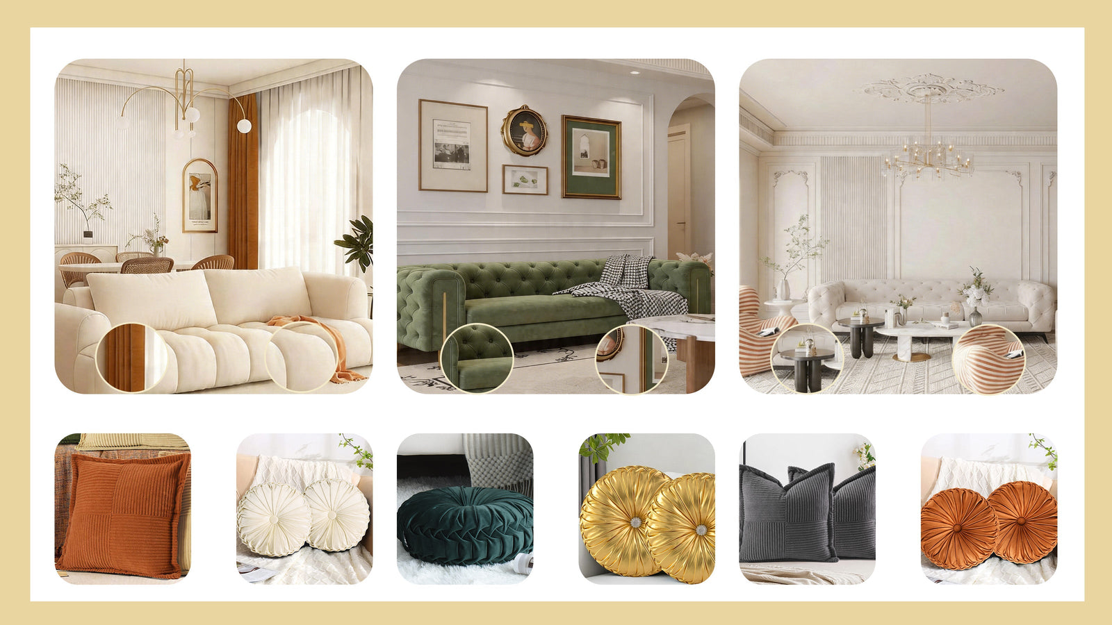 Decorative pillow ideas for living room sofas with neutral interiors, velvet sofas, and round accent cushions