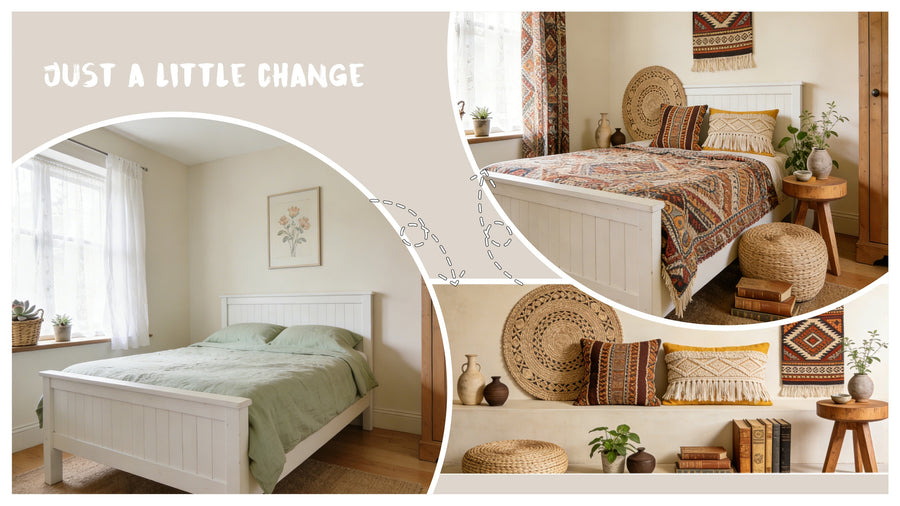 Farmhouse bedroom makeover to boho chic with layered textiles, woven decor, and warm natural accents
