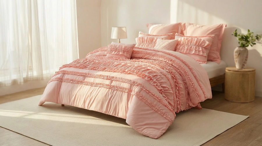 Pink ruffle bedding set in a bright bedroom with matching pillows and soft natural light