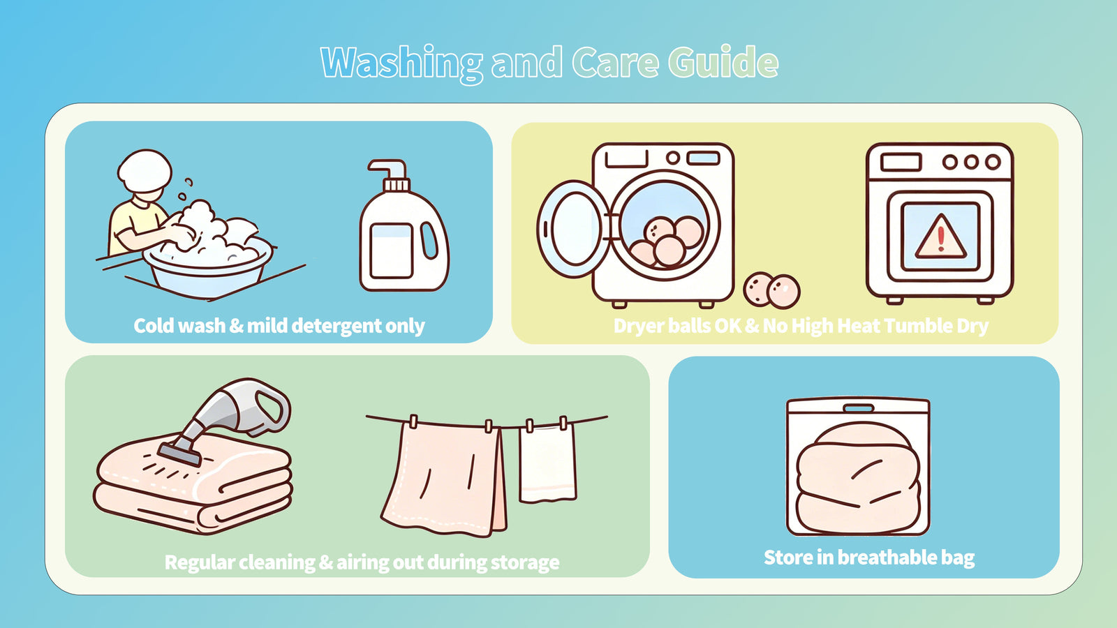 Cooling bedding washing care guide with cold wash, mild detergent, dryer balls, airing, and breathable storage