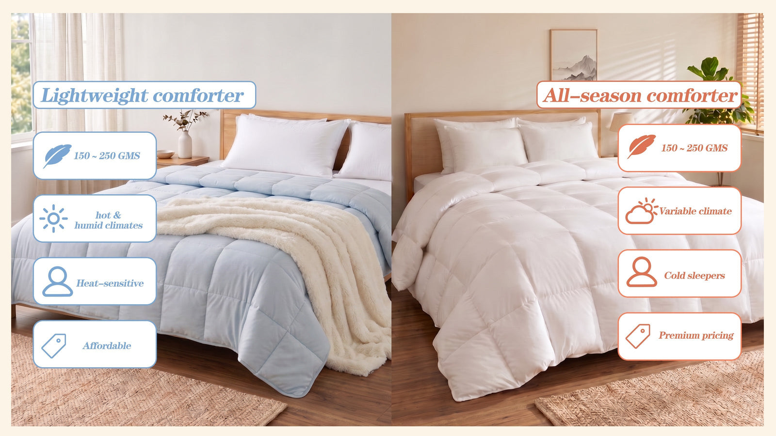 Lightweight comforter vs all-season comforter comparison for different sleepers and climates