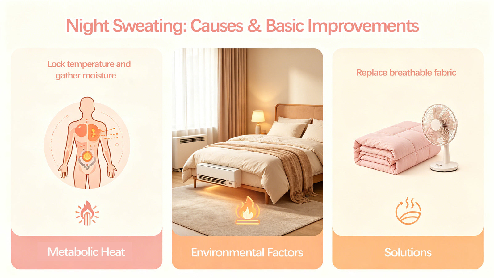 Night sweats guide showing metabolic heat, bedroom temperature, and breathable bedding solutions
