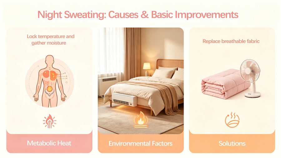 Night sweats guide showing metabolic heat, bedroom temperature, and breathable bedding solutions