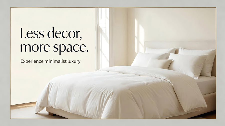 Minimalist white bedding showing less decor and more space for a clean luxury bedroom