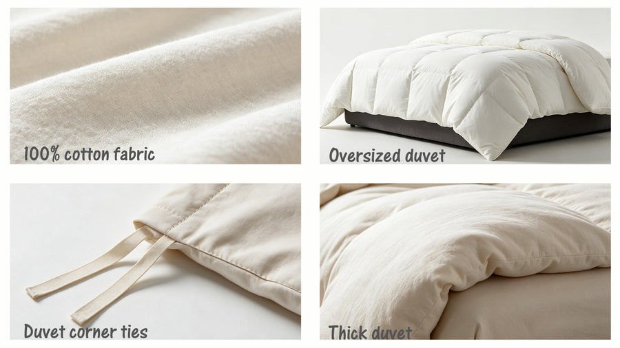 Cotton duvet features including oversized coverage, corner ties, and thick filling