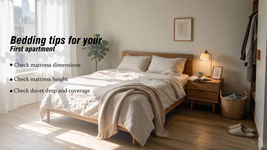 Bedding tips for a first apartment, including mattress dimensions, height, and duvet coverage