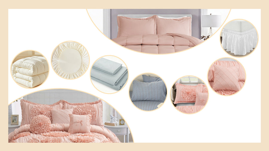 Bedroom bedding product collage with comforters, sheets, pillows, bed skirt and decorative