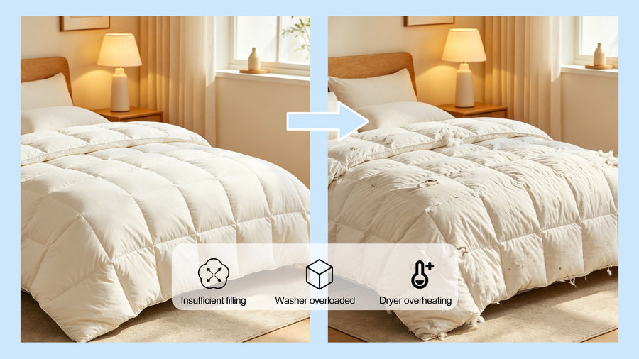 Comforter damage comparison showing insufficient filling, overloaded washer and dryer overheating