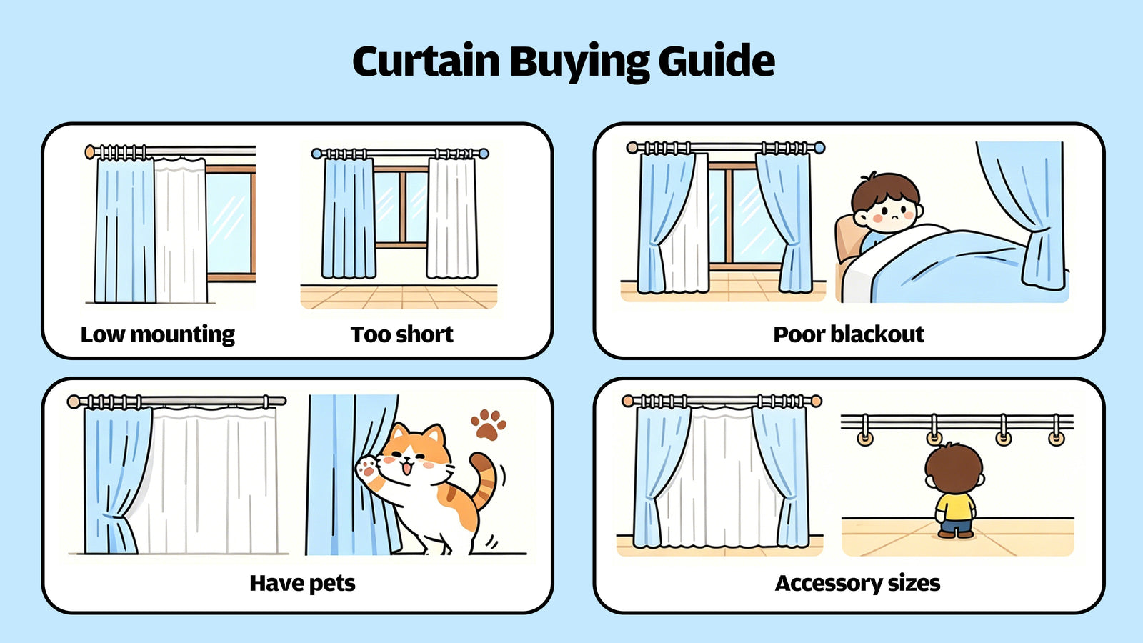 Curtain buying guide showing common mistakes like low mounting, short length and poor blackout