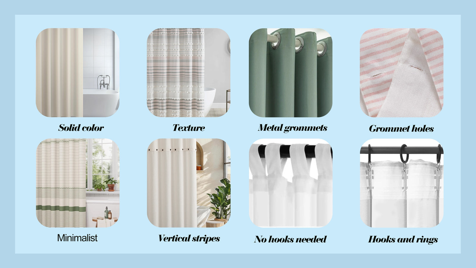 Shower curtain design guide showing solid color, texture, grommets, hooks and rings options