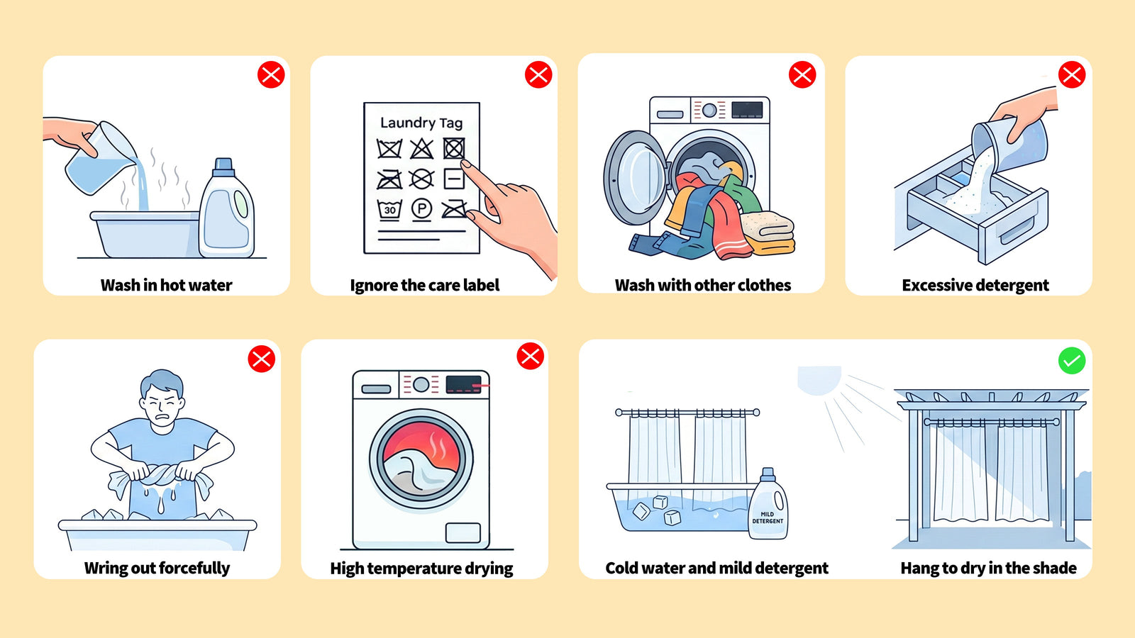 Curtain cleaning mistakes and proper care tips including cold water, mild detergent and shade drying