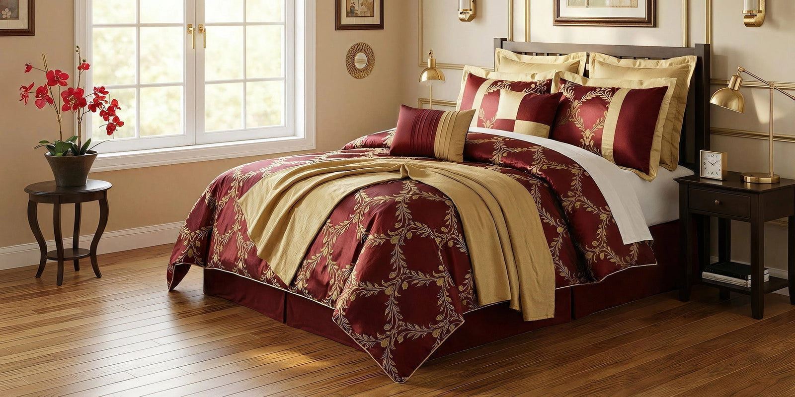 Elegant red and gold Higbedding comforter ensemble with classic dark wood bedroom furniture
