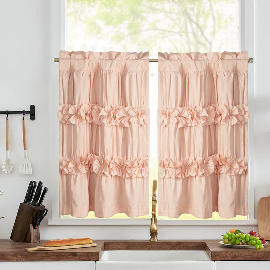 Ruffled Floral Applique Tier Curtains – Brushed Fabric Decorative Kitchen Curtains (Set of 2)