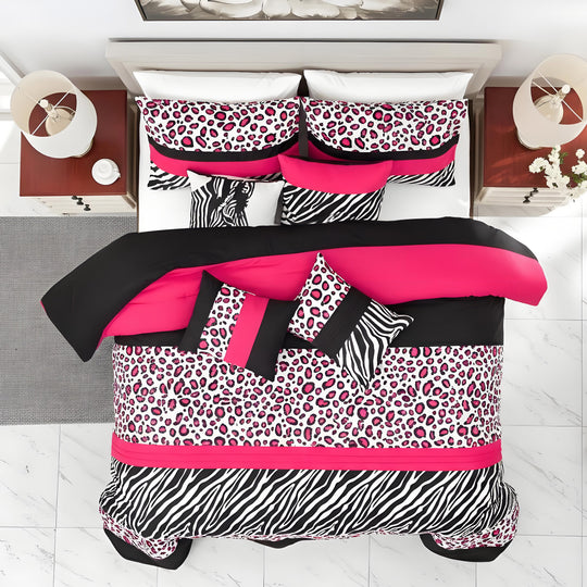 7-Piece Safari Animal Print Comforter Set in Pink, Black & White – Zebra & Leopard Bedding for Queen/King