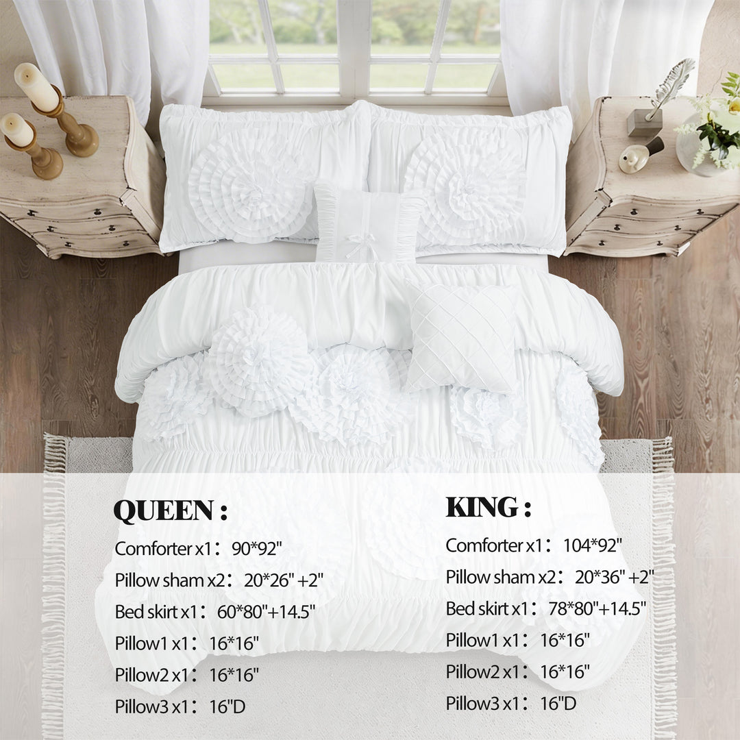 HIG 7-Piece Shabby Chic Ruched Comforter Set with 3D Floral Appliques